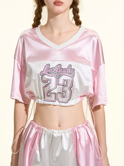 Colorblock Shiny Sporty Quick Dry Tee Women Loose Satin Athletic Jersey Style Top