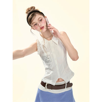 White Lace Trim Fitted Tank Top Women | American Preppy Sleeveless Blouse