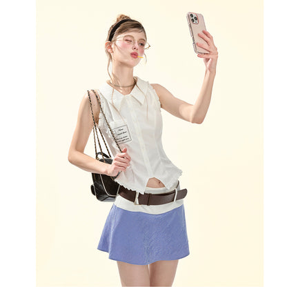 White Lace Trim Fitted Tank Top Women | American Preppy Sleeveless Blouse