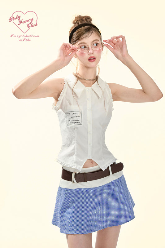 White Lace Trim Fitted Tank Top Women | American Preppy Sleeveless Blouse
