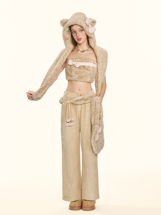 "Cappuccino" Khaki Suede Wide-Leg Trousers with Leopard Trim