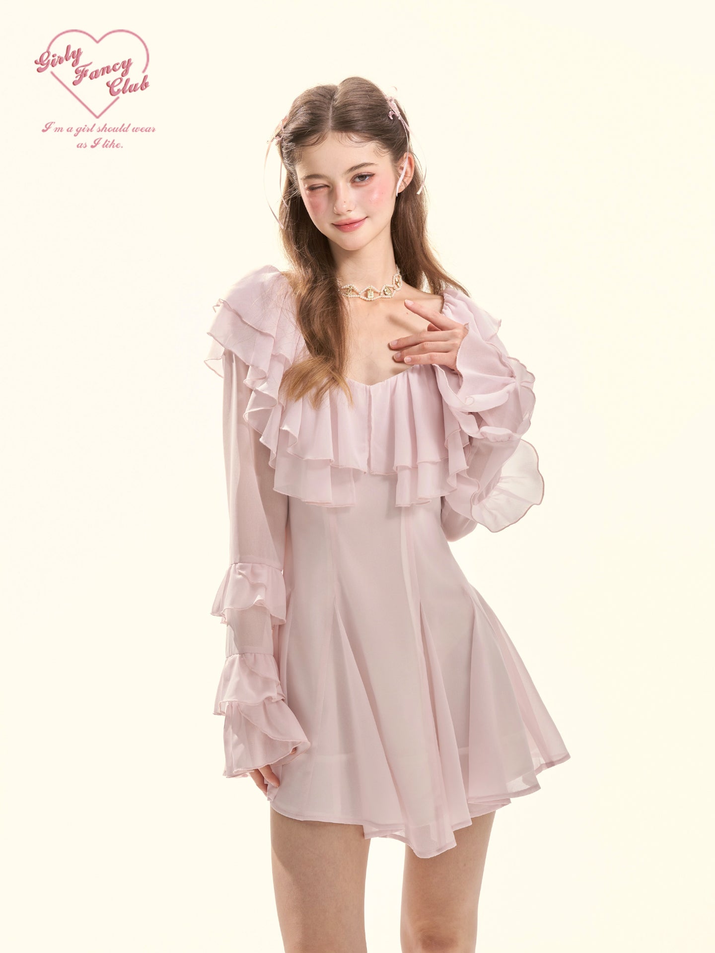 Sakura Lover Pink Ruffle Chiffon Mini Dress
