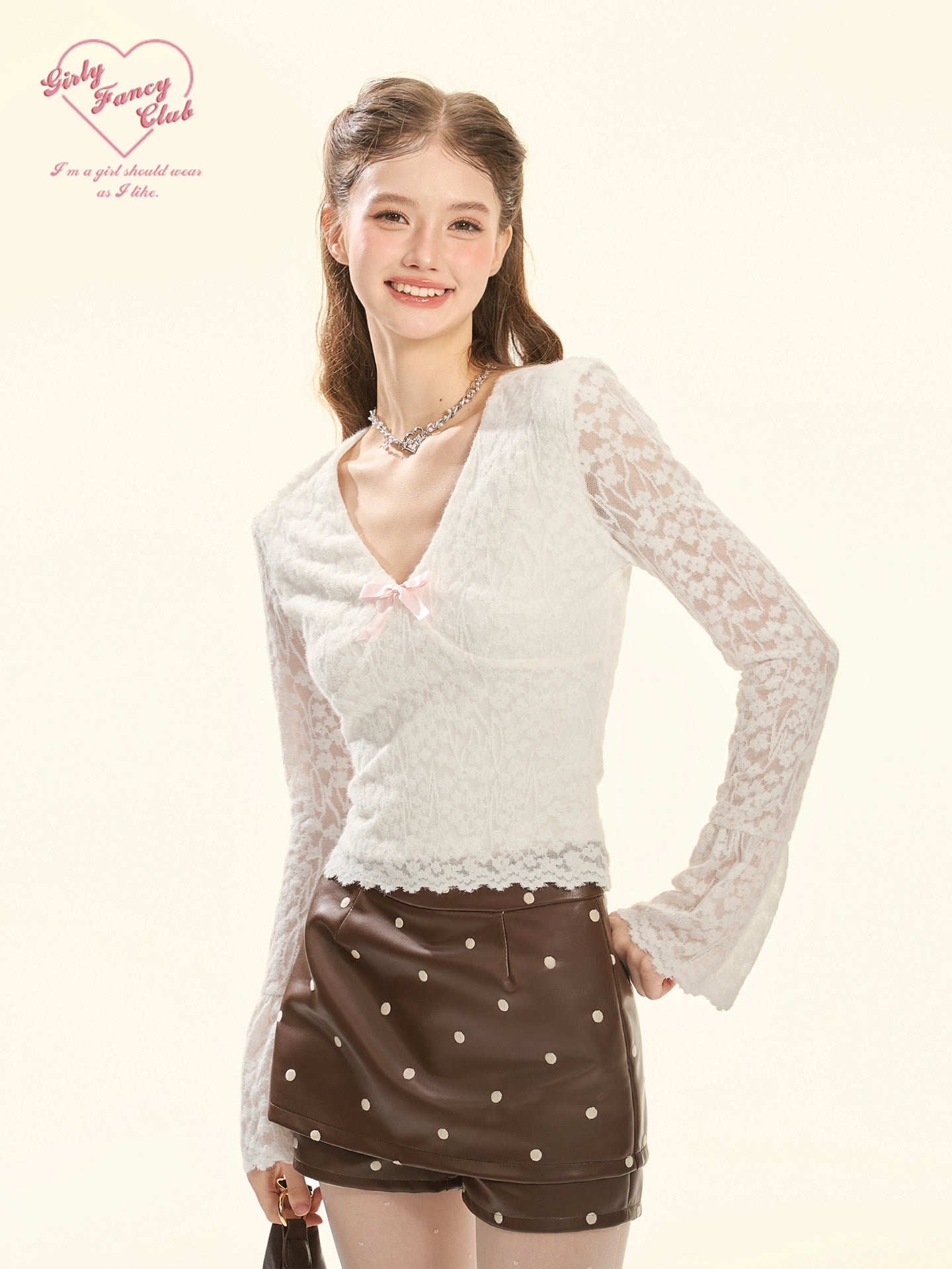 White Lace V-Neck Long Sleeve Top