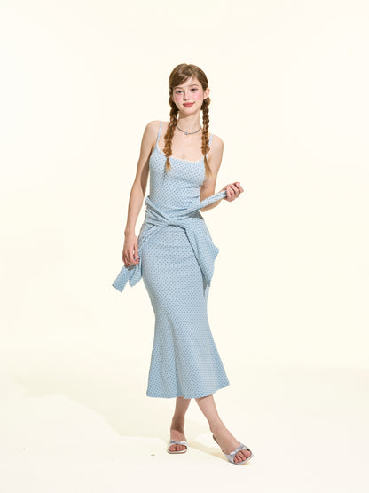 Early Fall Blue Polka Dot Fishtail Dress & Cardigan Set