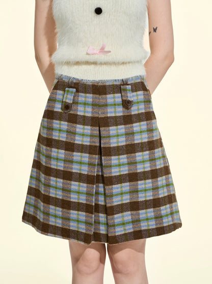 Women’s Plaid Pleated A-Line Midi Skirt | High-Waisted Vintage Fall Winter Wool Skirt