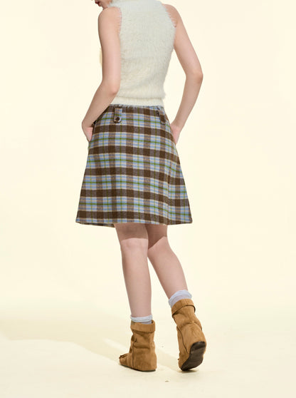 Women’s Plaid Pleated A-Line Midi Skirt | High-Waisted Vintage Fall Winter Wool Skirt