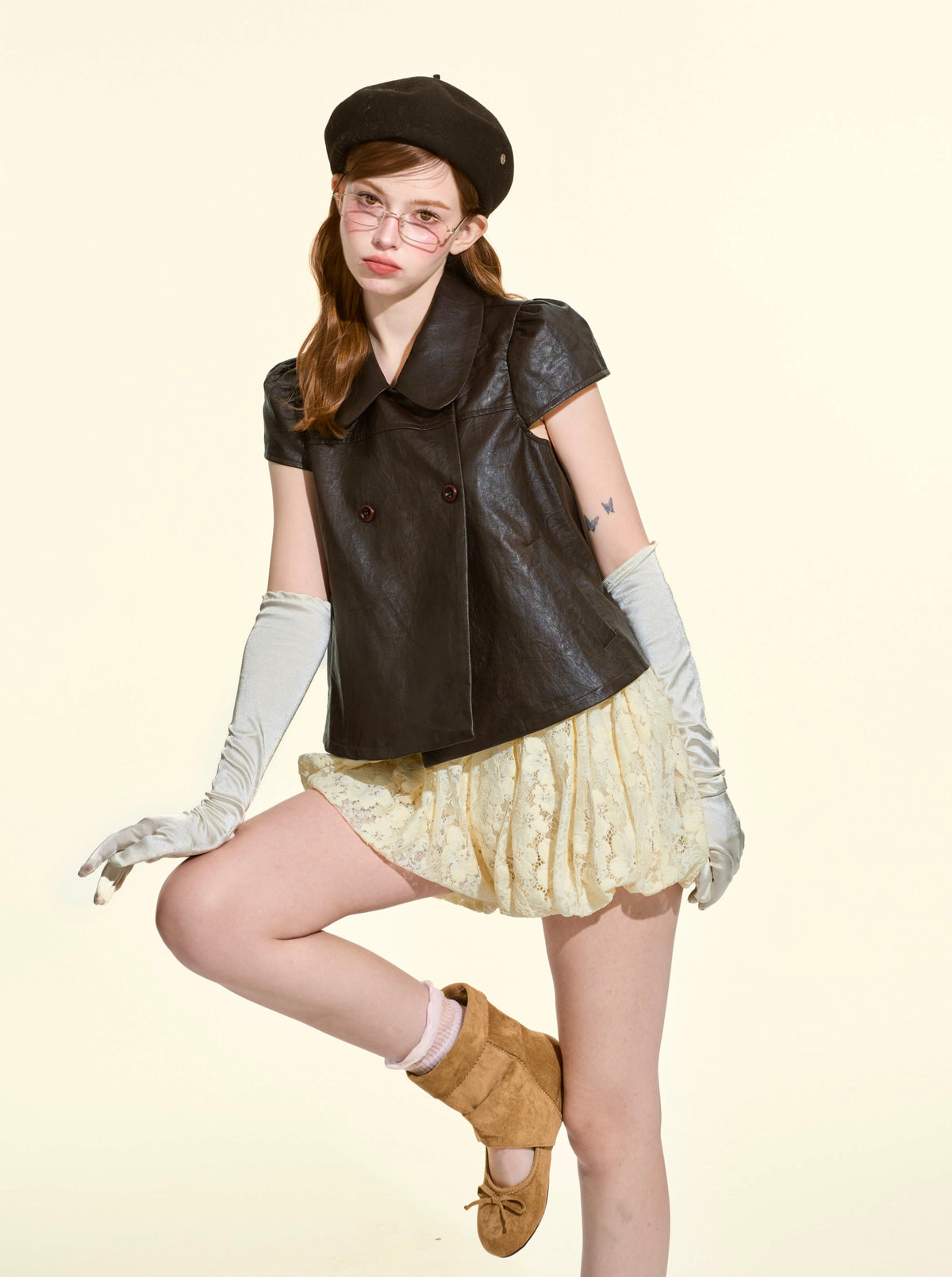 Women’s Fall 2-Piece Set | Peter Pan Collar Faux Leather Top & Skirt Shorts