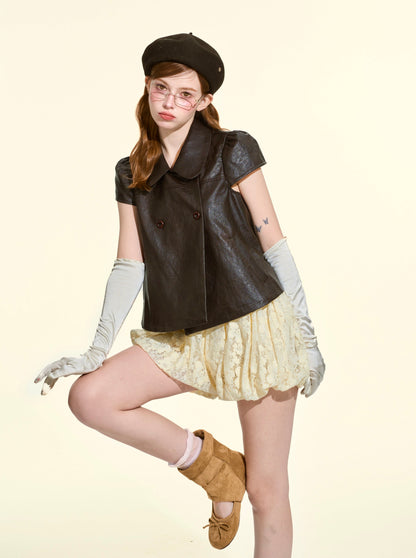 Women’s Fall 2-Piece Set | Peter Pan Collar Faux Leather Top & Skirt Shorts