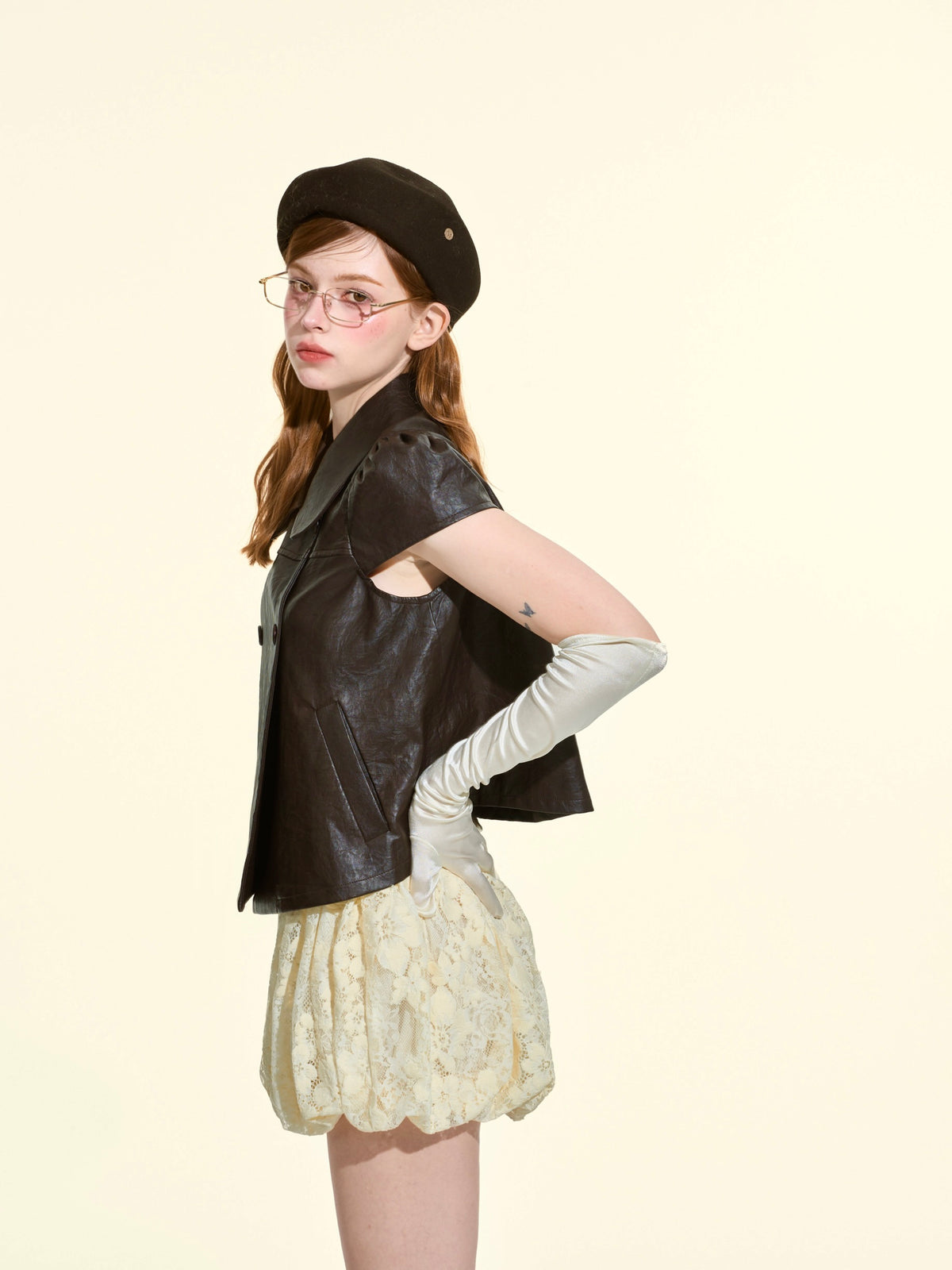 Women’s Fall 2-Piece Set | Peter Pan Collar Faux Leather Top & Skirt Shorts