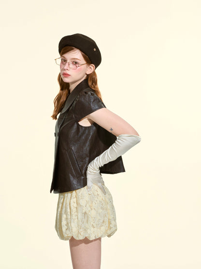 Women’s Fall 2-Piece Set | Peter Pan Collar Faux Leather Top & Skirt Shorts