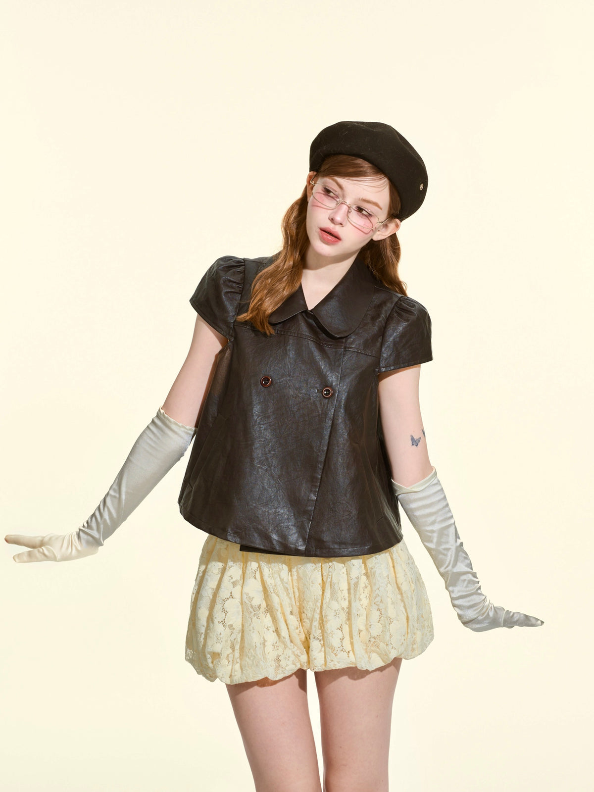 Women’s Fall 2-Piece Set | Peter Pan Collar Faux Leather Top & Skirt Shorts