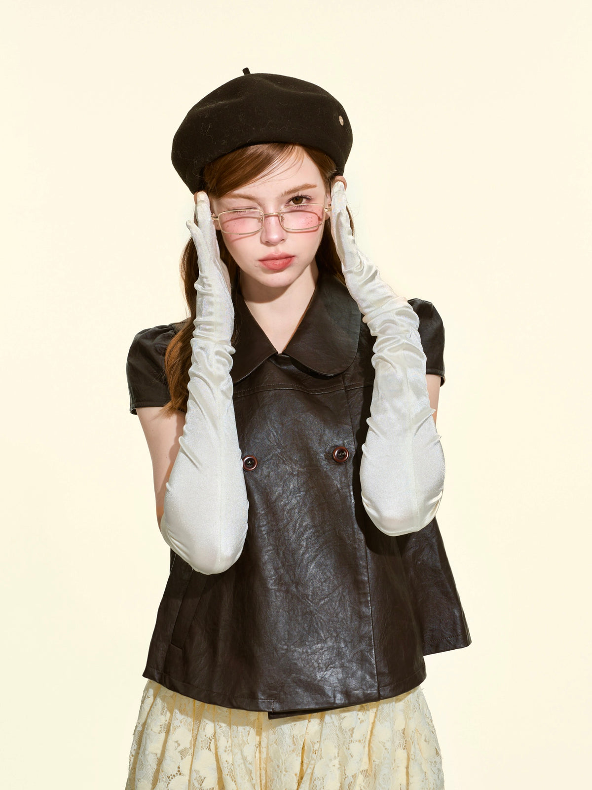 Women’s Fall 2-Piece Set | Peter Pan Collar Faux Leather Top & Skirt Shorts