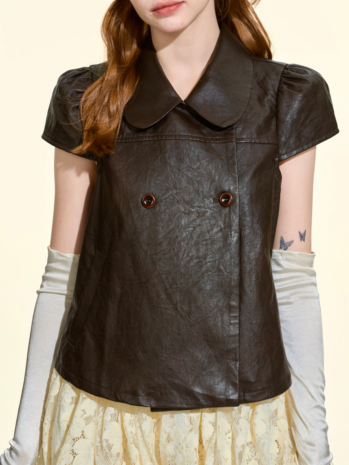 Women’s Fall 2-Piece Set | Peter Pan Collar Faux Leather Top & Skirt Shorts