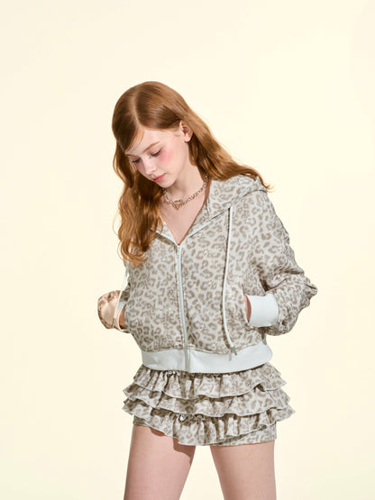 Star Leopard Print Cropped Hoodie & Mini Skirt Set