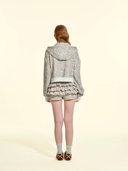 Star Leopard Print Cropped Hoodie & Mini Skirt Set