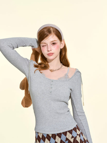 Soft Gray Faux-Layered Hooded Long Sleeve Top
