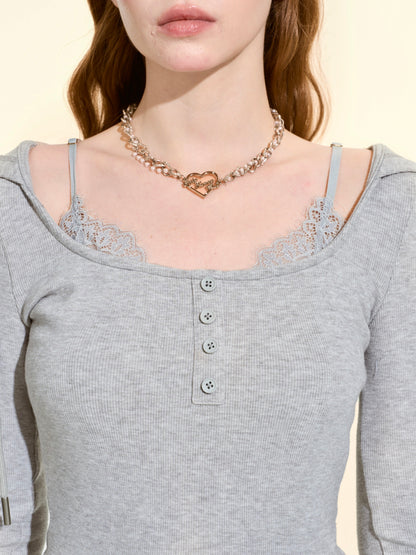 Soft Gray Faux-Layered Hooded Long Sleeve Top
