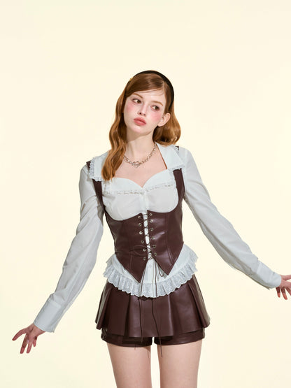 Women’s Vintage Faux Leather 2-Piece Set | Lace-Up Waistcoat Top & Skirt Shorts