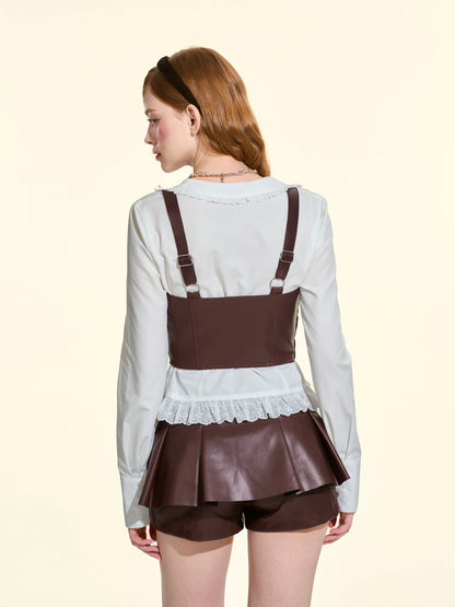 Women’s Vintage Faux Leather 2-Piece Set | Lace-Up Waistcoat Top & Skirt Shorts