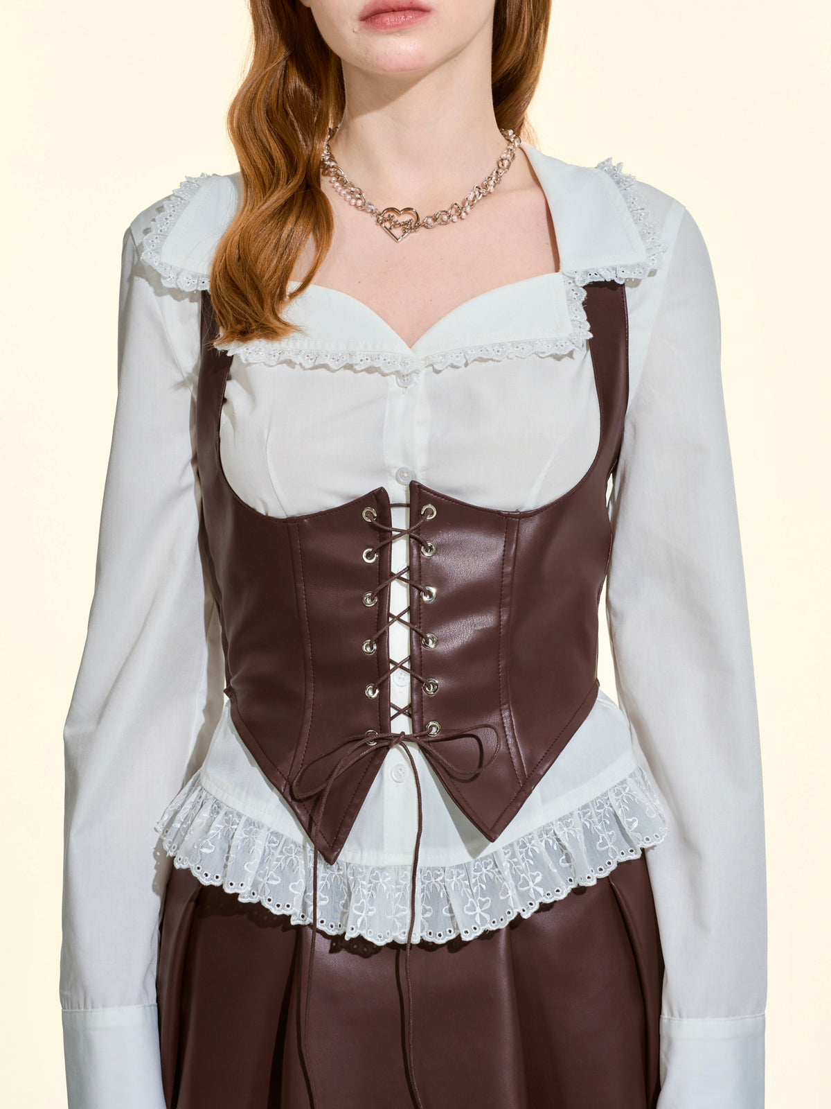 Women’s Vintage Faux Leather 2-Piece Set | Lace-Up Waistcoat Top & Skirt Shorts