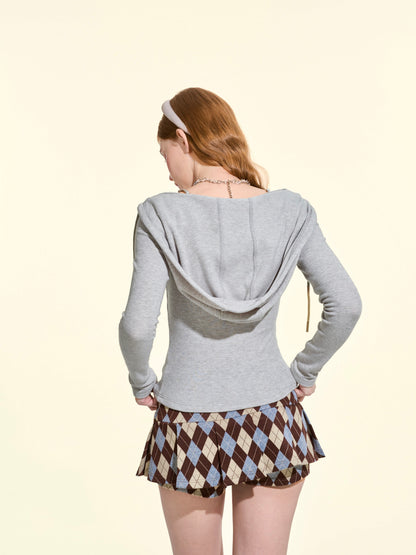 Soft Gray Faux-Layered Hooded Long Sleeve Top