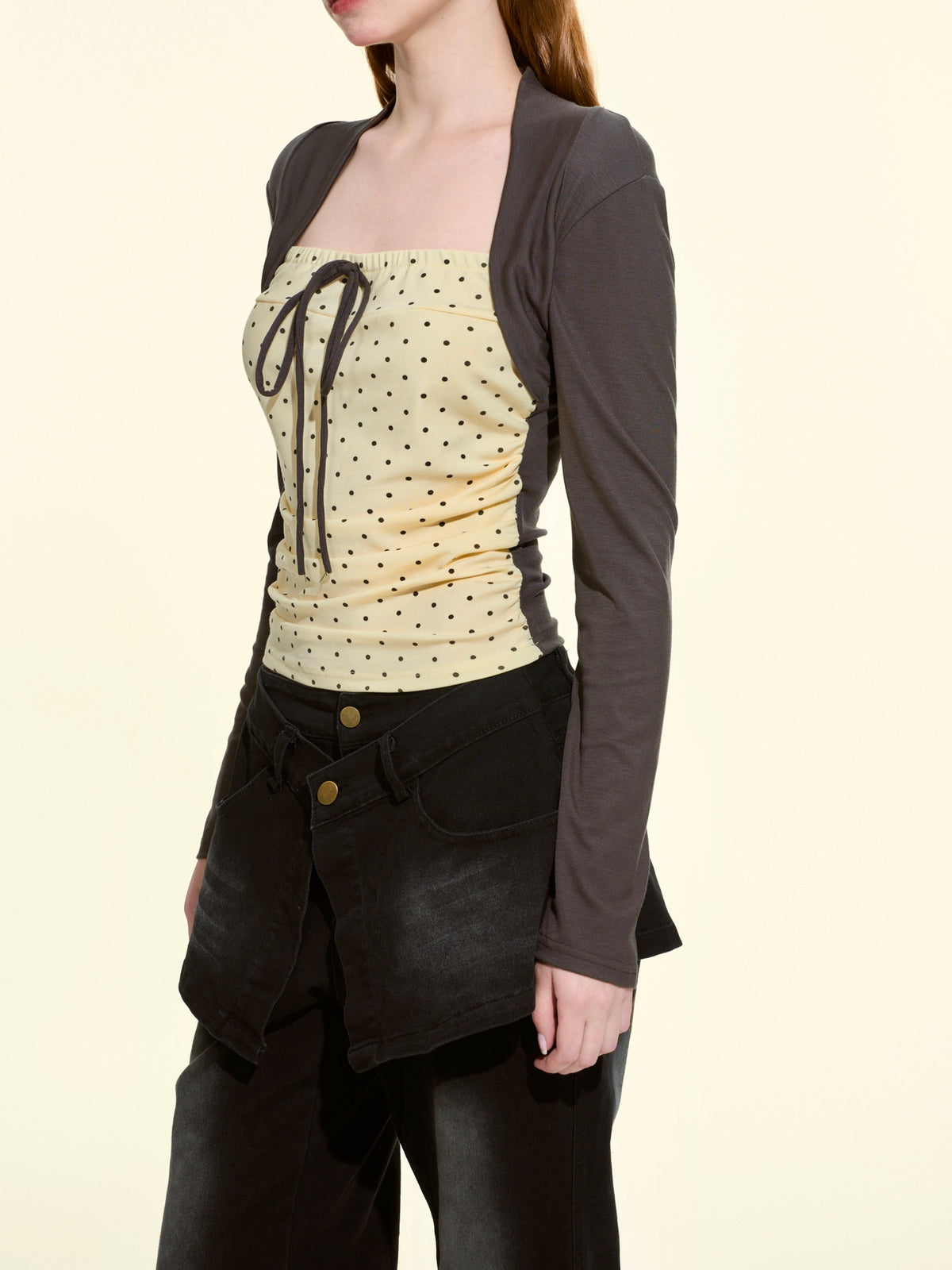 Sweet Square-Neck Polka Dot Fitted Top – Short Length Lyocell Knit