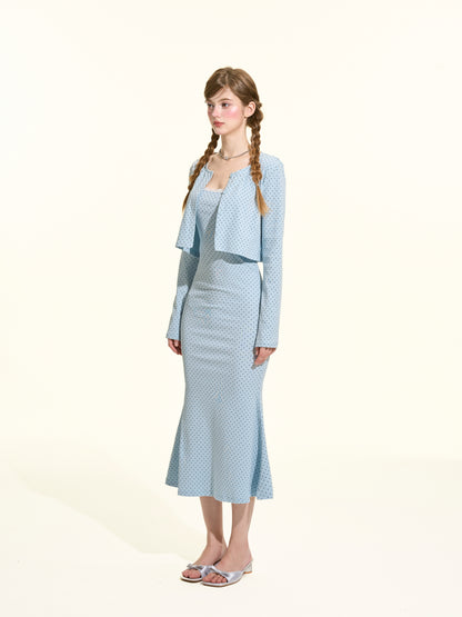 Early Fall Blue Polka Dot Fishtail Dress & Cardigan Set