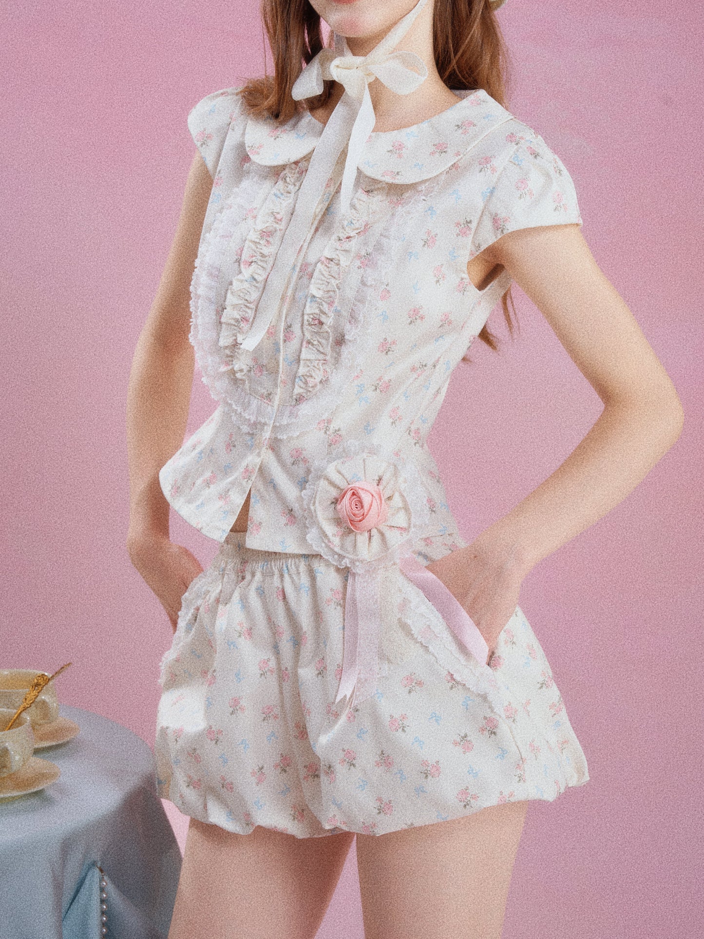 French Floral Ruffle Peter Pan Collar Top & Shorts Two-Piece Set