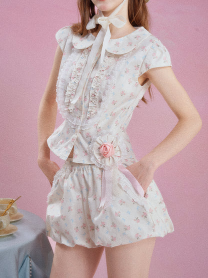 French Floral Ruffle Peter Pan Collar Top & Shorts Two-Piece Set