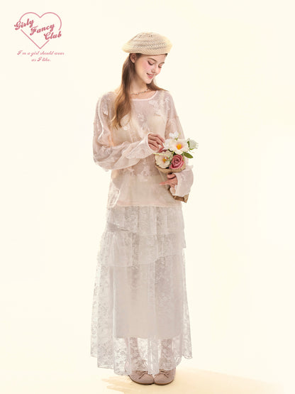 Pure Muse White Tiered Lace Midi Skirt
