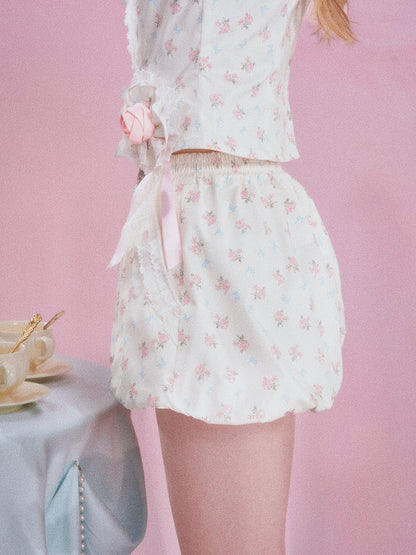 French Floral Ruffle Peter Pan Collar Top & Shorts Two-Piece Set