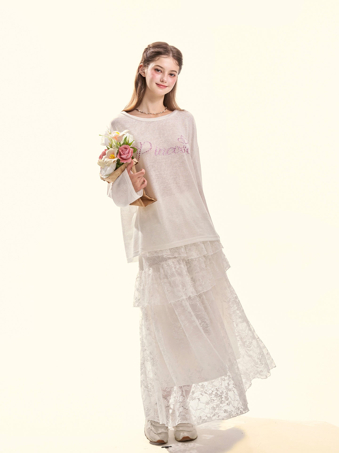 Pure Muse White Tiered Lace Midi Skirt
