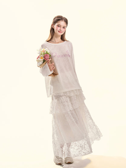 Pure Muse White Tiered Lace Midi Skirt