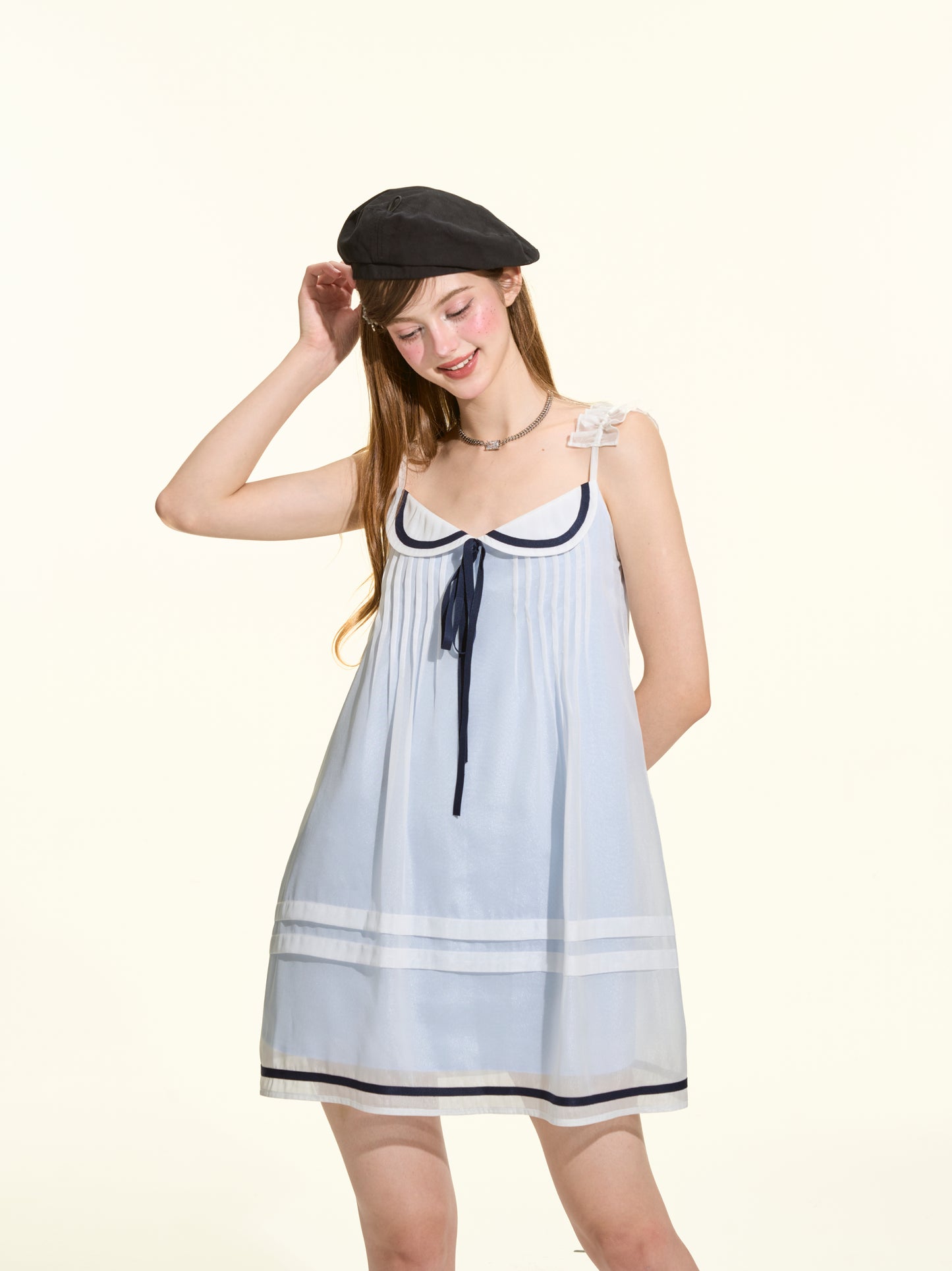Light Blue Navy Style Pleated Tulle Cami Dress Women Summer Aesthetic Mini Dress