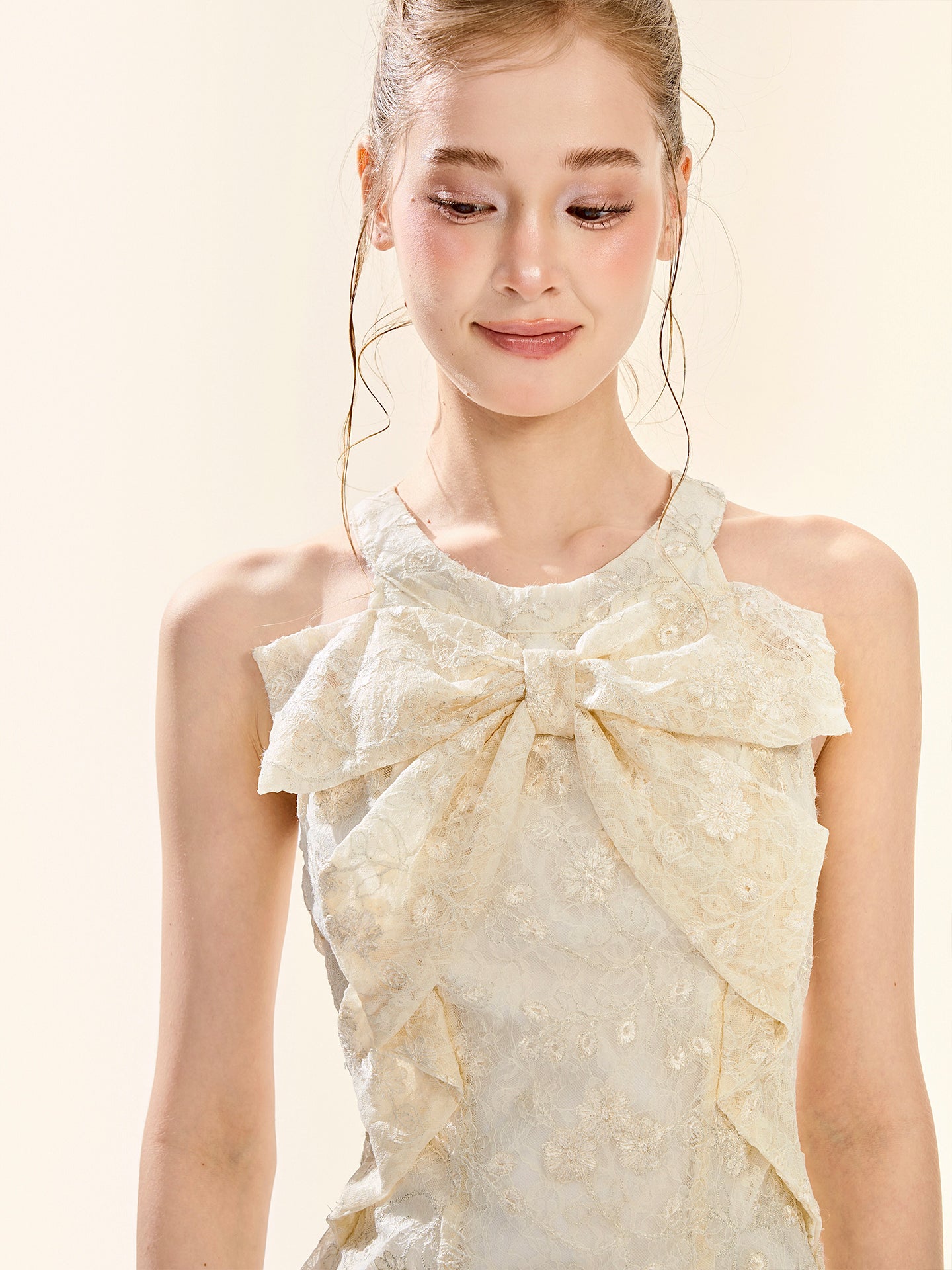 Ivory Lace Bow Halter Mini Dress