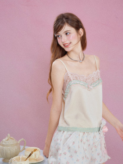 ⏳ Pre-order Information:Lazy Holiday Mint Green Satin Camisole Top Women Floral Lace Trim Tank