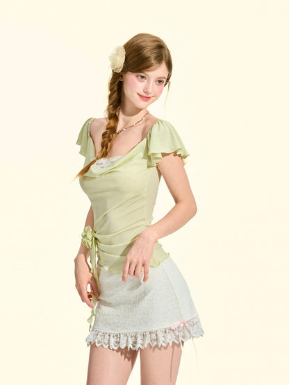 Melon Green Cowl Neck Flutter Sleeve Top