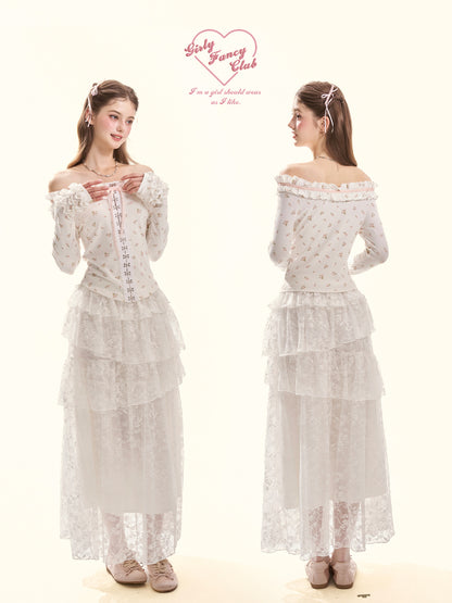 Pure Muse White Tiered Lace Midi Skirt