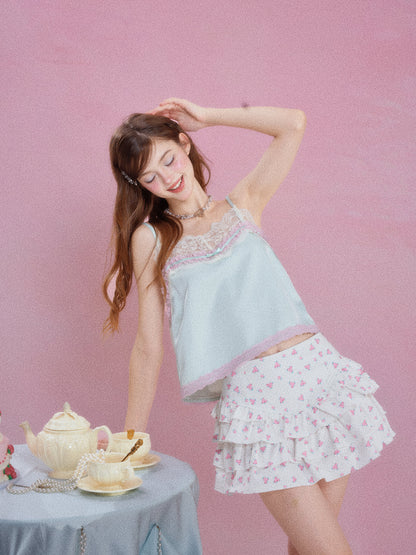 ⏳ Pre-order Information:Lazy Holiday Mint Green Satin Camisole Top Women Floral Lace Trim Tank