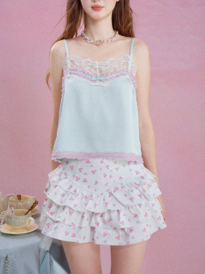 ⏳ Pre-order Information:Lazy Holiday Mint Green Satin Camisole Top Women Floral Lace Trim Tank