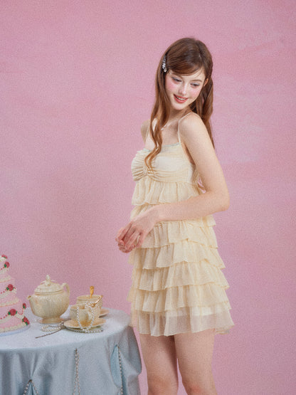 Yellow Ruffle Tiered Cami Dress Women Summer Sleeveless Flowy Cake Dress Slim Fit
