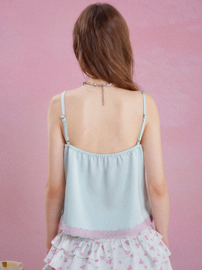 ⏳ Pre-order Information:Lazy Holiday Mint Green Satin Camisole Top Women Floral Lace Trim Tank