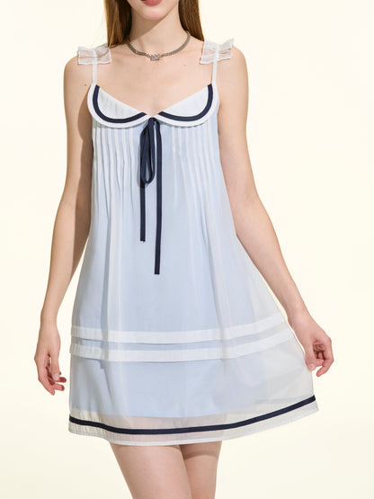 Light Blue Navy Style Pleated Tulle Cami Dress Women Summer Aesthetic Mini Dress