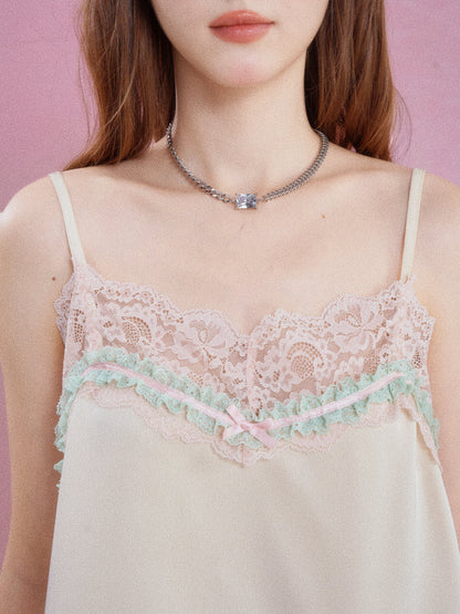 ⏳ Pre-order Information:Lazy Holiday Mint Green Satin Camisole Top Women Floral Lace Trim Tank