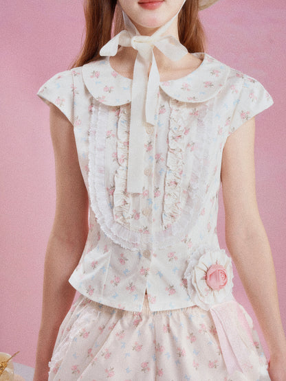 French Floral Ruffle Peter Pan Collar Top & Shorts Two-Piece Set