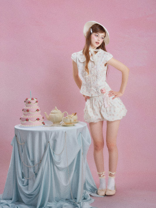 French Floral Ruffle Peter Pan Collar Top & Shorts Two-Piece Set