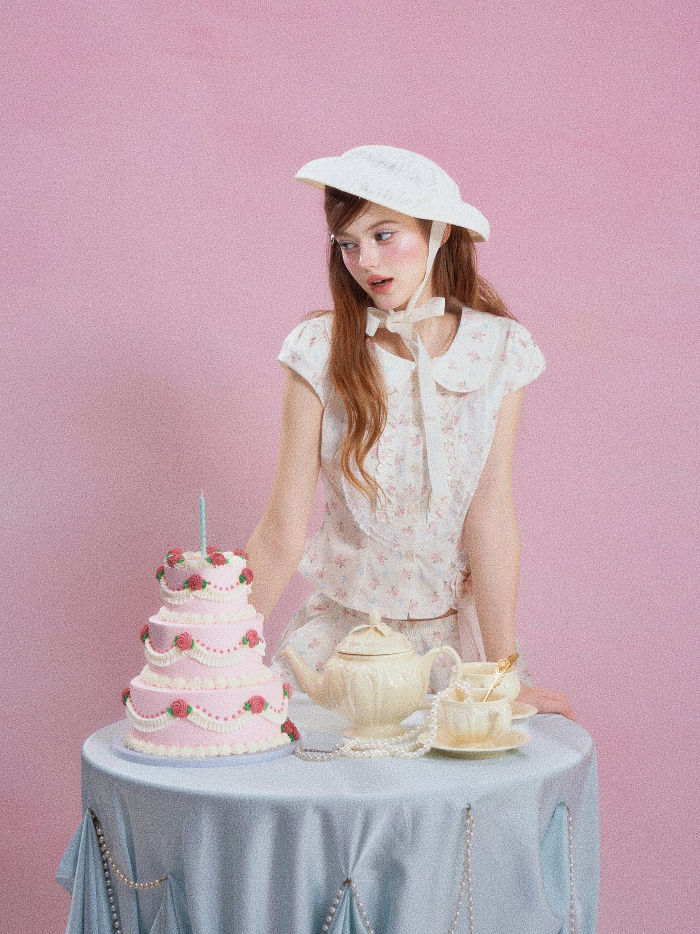French Floral Ruffle Peter Pan Collar Top & Shorts Two-Piece Set